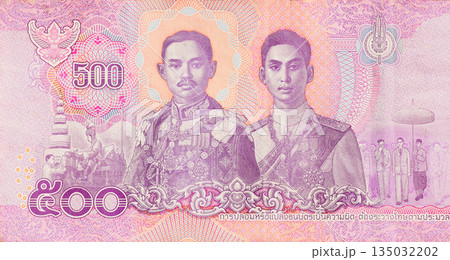 Updated Thailand cash banknote 500 baht denomination entering circulation rear view Updated Thailand cash banknote 500 baht denomination entering circulation rear view 135032202