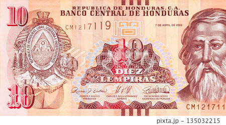 Honduras currency, Honduran bill with 10 lempira denomination issued by Banco Central De Honduras. rear view Honduras currency, Honduran bill with 10 lempira denomination issued by Banco Central De Honduras. rear view 135032215