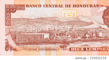 Honduras currency, Honduran banknote with 10 lempiras denomination issued by Banco Central De Honduras. front view, Honduras currency, Honduran banknote with 10 lempiras denomination issued by Banco Central De Honduras. front view, 135032219