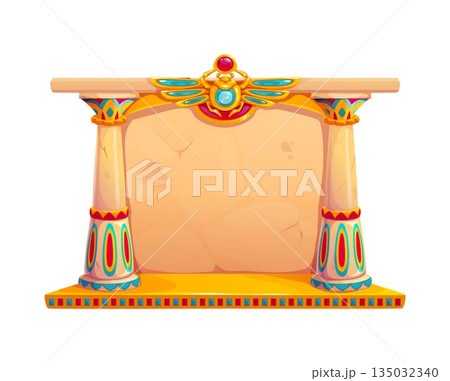 Egypt game vector icon. Ancient Egyptian column frame with two beige stone pillars. Top decorated with scarab wings, jewels, geometric ornament. Arcade game, history museum, ancient civilization frame Egypt game vector icon. Ancient Egyptian column frame with two beige stone pillars. Top decorated with scarab wings, jewels, geometric ornament. Arcade game, history museum, ancient civilization frame 135032340