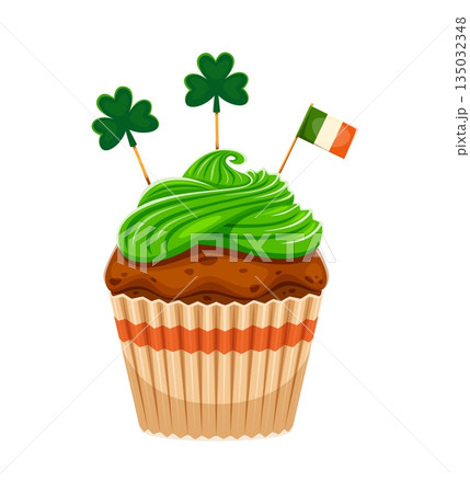 Saint Patrick's day green cupcake party dessert icon or item. St Patrick day party cartoon vector dessert, Ireland culture holiday sweet pastry icon. Irish sweet pastry with clover and Ireland flag Saint Patrick's day green cupcake party dessert icon or item. St Patrick day party cartoon vector dessert, Ireland culture holiday sweet pastry icon. Irish sweet pastry with clover and Ireland flag 135032348