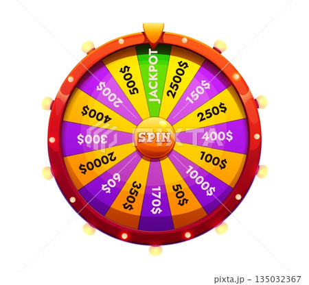 Cartoon casino gambling game icon of spinning wheel. While the top pointer indicates winnings, including a large jackpot field. Vector spinning prize wheel featuring dollar values and jackpot section Cartoon casino gambling game icon of spinning wheel. While the top pointer indicates winnings, including a large jackpot field. Vector spinning prize wheel featuring dollar values and jackpot section 135032367