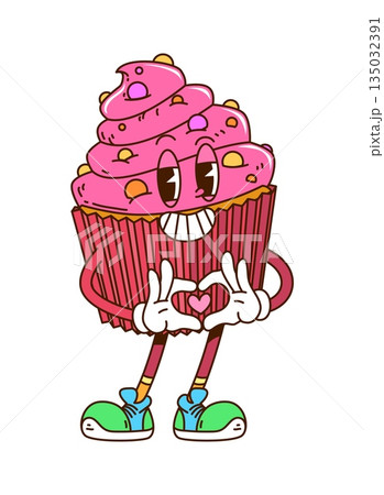 Cartoon retro groovy Valentine cupcake character with pink icing and heart gesture, evoking vintage vibes. Isolated vector cute y2k hippie muffin personage celebrates love, affection, joy or sweetness 135032391