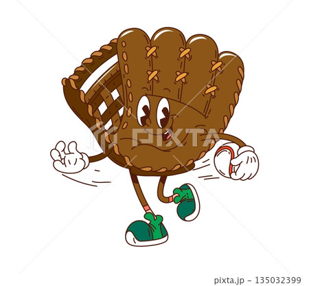 Sport groovy baseball glove vector character. Brown baseball glove mascot catching a small white ball and jumping. Funky retro personage. Cartoon groovy school baseball glove exudes fun sporty vibe Sport groovy baseball glove vector character. Brown baseball glove mascot catching a small white ball and jumping. Funky retro personage. Cartoon groovy school baseball glove exudes fun sporty vibe 135032399