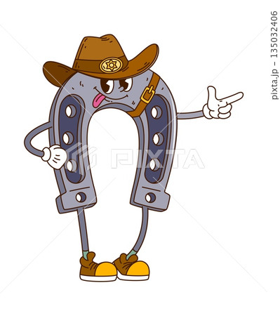 Wild West and Western retro groovy horseshoe funny character. American Western horseshoe comic character in sheriff hat, Texas Wild West groovy vector personage. USA cowboy history funky mascot 135032406