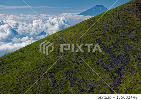 八ヶ岳連峰・硫黄岳から横岳の稜線越しに見る富士山 135032448