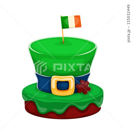 Happy St Patrick day sweet dessert of Leprechaun hat cake for Irish holiday, cartoon vector. Cookie dessert with Ireland flag and sweet chocolate shamrock clover for Saint Patrick day holiday greeting 135032449