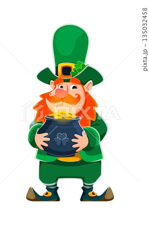 Leprechaun character for Happy St Patrick Day or Irish holiday, vector funny personage. Leprechaun with gold pot or treasure coins in cauldron, and shamrock clovers in hat for St Patrick Day character 135032458