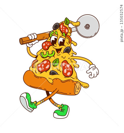 Hippie groovy fast food pizza slice character carrying a pizza knife. Isolated cartoon vector fastfood personage with sausage and greenery topping, friendly smile and funky cheese drips ready to party 135032574