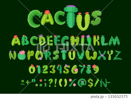 Succulent font, cartoon cacti type letters, cactus plants typeface. Cartoon vector tropical kids abc, alphabet numbers and punctuation symbols is shaped like a cactus plant with flowers and thorns 135032575