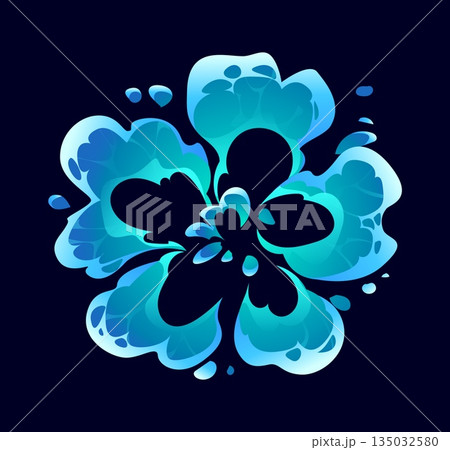 Cartoon water wave splash of liquid splatters explosion, vector flow swirl. Cartoon pure water or drink pour swirl with flow wave explode with drops and fizzy water droplets in water splash Cartoon water wave splash of liquid splatters explosion, vector flow swirl. Cartoon pure water or drink pour swirl with flow wave explode with drops and fizzy water droplets in water splash 135032580
