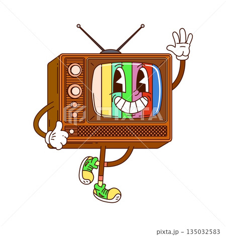 Hippie groovy retro tv vector character. Vintage brown television with antennas and control buttons, colorful striped screen and happy emotions. Harm and 1970s retro vibe funky hippie character Hippie groovy retro tv vector character. Vintage brown television with antennas and control buttons, colorful striped screen and happy emotions. Harm and 1970s retro vibe funky hippie character 135032583