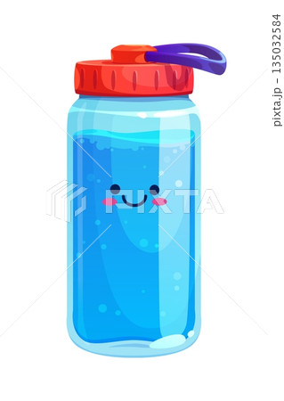 Cartoon water drink. Cute reusable bottle character with kawaii face, blushing cheeks and blue sparkling water inside. Vector cartoon sport bottle with red lid and blue handle Cartoon water drink. Cute reusable bottle character with kawaii face, blushing cheeks and blue sparkling water inside. Vector cartoon sport bottle with red lid and blue handle 135032584