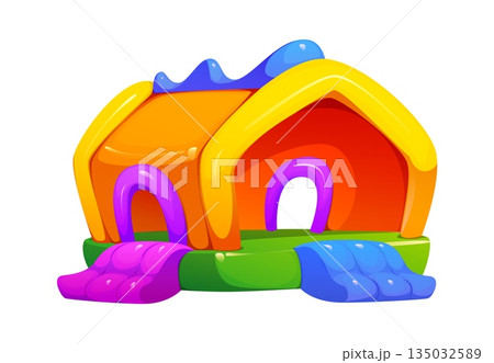 Trampoline park vector bouncy house. Inflatable playhouse with arched purple entrances and vibrant roof, two small slides in blue and purple leading to green base. Amusement park, playground usage. Trampoline park vector bouncy house. Inflatable playhouse with arched purple entrances and vibrant roof, two small slides in blue and purple leading to green base. Amusement park, playground usage. 135032589