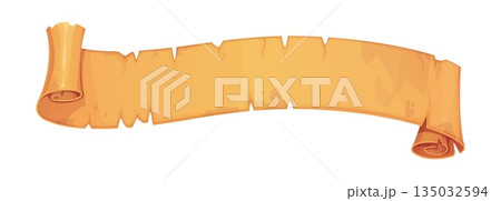 Ancient vintage papyrus long manuscript ribbon. Medieval papyrus horizontal scroll with worn edges, ancient long manuscript isolated vector band. Antique parchment rolled ribbon or old paper banner 135032594