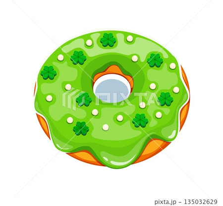 Happy St Patrick day sweet donut with shamrock sprinkles for Irish holiday, cartoon vector. Green cookie dessert for Saint Patrick pastry and holiday patisserie dessert cookie with shamrock clovers 135032629
