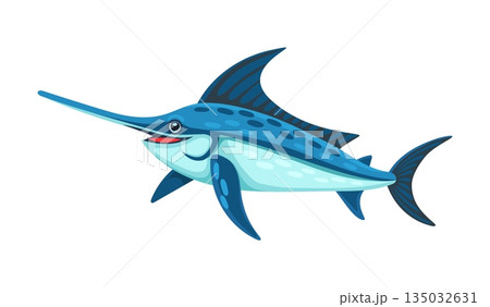 Marlin fish sea underwater aquatic animal cartoon character. Underwater creature cheerful character, sea water marlin fish cute isolated vector personage. Ocean marine wildlife animal happy mascot 135032631