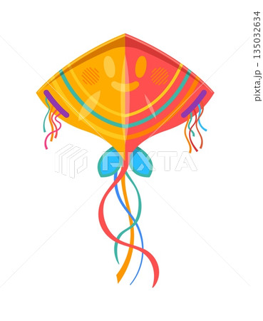 Cartoon paper kite with funny face color ornament for summer festival, vector icon. Kids entertainment toy of kite with cartoon smiling face and colorful ribbons for Makar Sankranti holiday 135032634