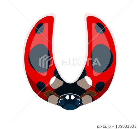 Ladybug insect font typeset cartoon letter U. Spring ladybug beetle typeset symbol, garden lady bug type vector sign. Cute ladybird kids ABC font letter or red insect cartoon typeface element 135032635