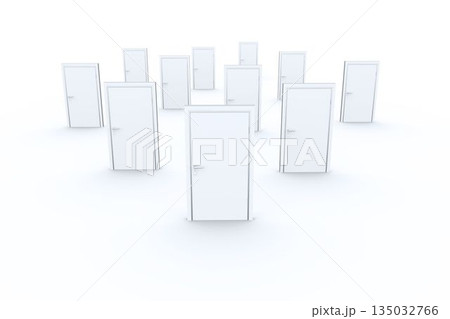 Frontmost white door is standing in minimal 3D render, surrounding doors are receding in grid Frontmost white door is standing in minimal 3D render, surrounding doors are receding in grid 135032766