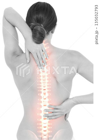Topless woman holding back with highlighted spine 135032793