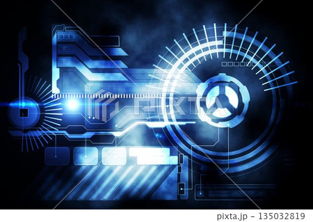 Futuristic flat digital interface is glowing over smoky backdrop, featuring circular gauge, bars 135032819