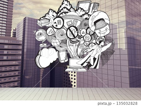 Drawn illustration on cityscape background 135032828