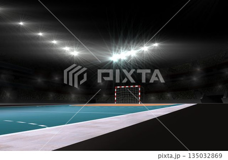 Flat red-and-white striped goalpost is standing on blue court with lines under lights, with seating Flat red-and-white striped goalpost is standing on blue court with lines under lights, with seating 135032869