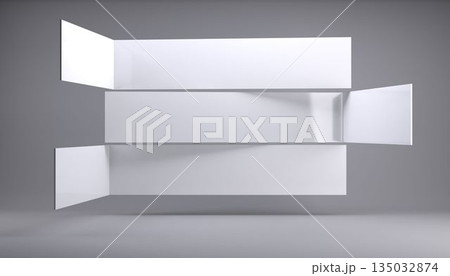 Displaying three floating white panels tilting in flat design grey studio space with soft shadows 135032874