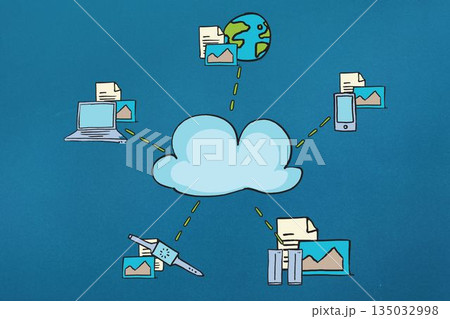Cloud connectivity stylized illustration is showing cloud linking devices and docs on blue backdrop 135032998
