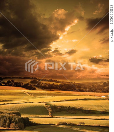 Flat design farmland glowing under golden sunset, hedgerows segmenting fields with distant barn 135033018