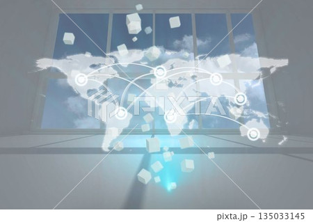 Translucent world map network is appearing in 3D render with glass window, glowing nodes and cubes 135033145