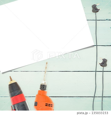 Equipments and plugs on wooden surface 135033153