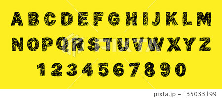 English alphabet crayon. Childlike handwriting font. Big and bold letters and numbers. Grunge style. Vector illustration 135033199