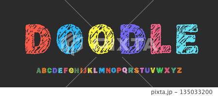 English alphabet crayon. Bold and playful font with wax crayon and scribble pen doodles. Children font. Vector illustration. 135033200