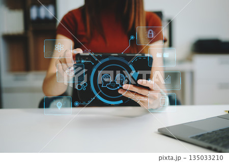 Woman using chat bot in smartphone intelligence Ai. Chat with AI Artificial Intelligence, developed by OpenAI generate. 135033210