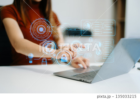 Cyber security and data protection information privacy internet technology concept.Business working on computer Cyber security and data protection information privacy internet technology concept.Business working on computer 135033215