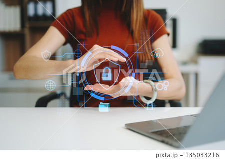 Cybersecurity and privacy concepts to protect data. Lock icon and network security technology. Man protecting personal data Cybersecurity and privacy concepts to protect data. Lock icon and network security technology. Man protecting personal data 135033216