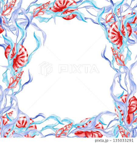 A square frame with seaweed and shells. Isolated watercolor illustration of sea creatures for interior design, children's parties, and poster printing. 135033291