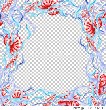 A square frame with seaweed and shells. Isolated watercolor illustration of sea creatures for interior design, children's parties, and poster printing. 135033291