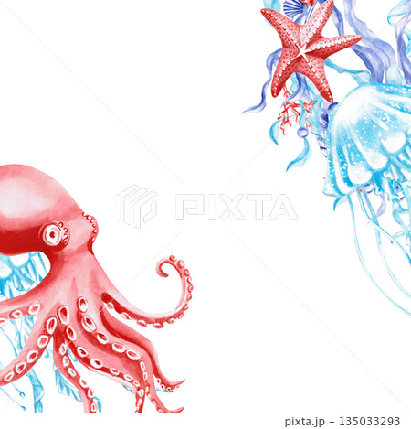 Square frame with an octopus, starfish, and jellyfish. Isolated watercolor illustration of sea creatures for interior design, children's parties, and poster printing. Square frame with an octopus, starfish, and jellyfish. Isolated watercolor illustration of sea creatures for interior design, children's parties, and poster printing. 135033293