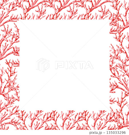 A square frame with sea corals. Isolated watercolor illustration of sea creatures for interior design, children's parties, and poster printing. 135033296