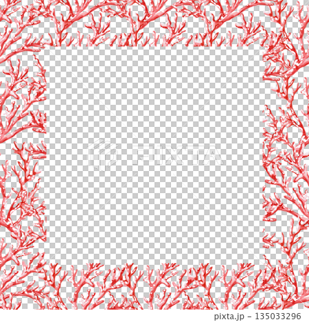 A square frame with sea corals. Isolated watercolor illustration of sea creatures for interior design, children's parties, and poster printing. 135033296