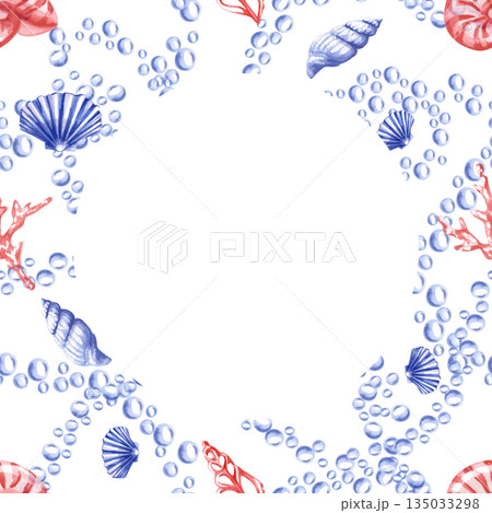A square frame with bubbles and seashells. Isolated watercolor illustration of sea creatures for interior design, children's parties, and poster printing. 135033298