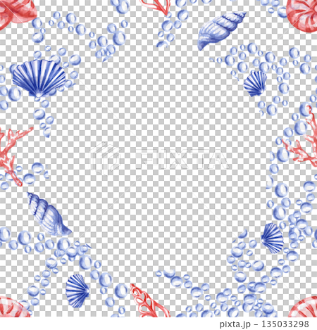 A square frame with bubbles and seashells. Isolated watercolor illustration of sea creatures for interior design, children's parties, and poster printing. 135033298