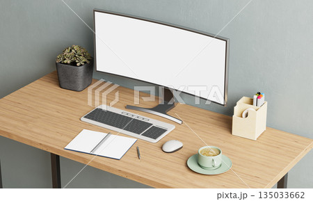 Modern Home Office Desk Interior with Blank Monitor and Notebook Mock up. 3D Rendering. Modern Home Office Desk Interior with Blank Monitor and Notebook Mock up. 3D Rendering. 135033662