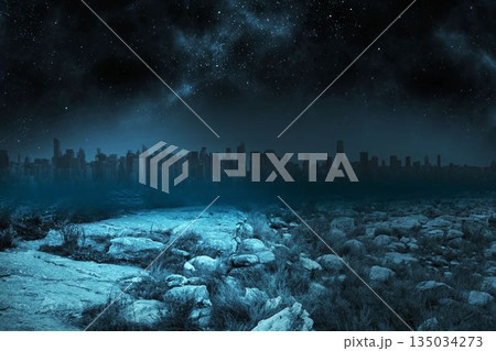 Rocky plain is stretching toward distant city skyline under starry nebula clouds, flat design Rocky plain is stretching toward distant city skyline under starry nebula clouds, flat design 135034273