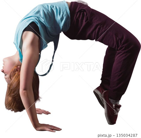 Flat design is showing female in backbend on white backdrop wearing teal top and maroon sweats Flat design is showing female in backbend on white backdrop wearing teal top and maroon sweats 135034287