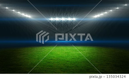 Empty turf field is glowing under flat design stadium floodlights arc, showing vivid green turf Empty turf field is glowing under flat design stadium floodlights arc, showing vivid green turf 135034324