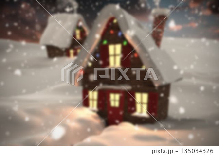 Flat design is showing two wooden cabins under snow drifts with lit windows and string lights 135034326